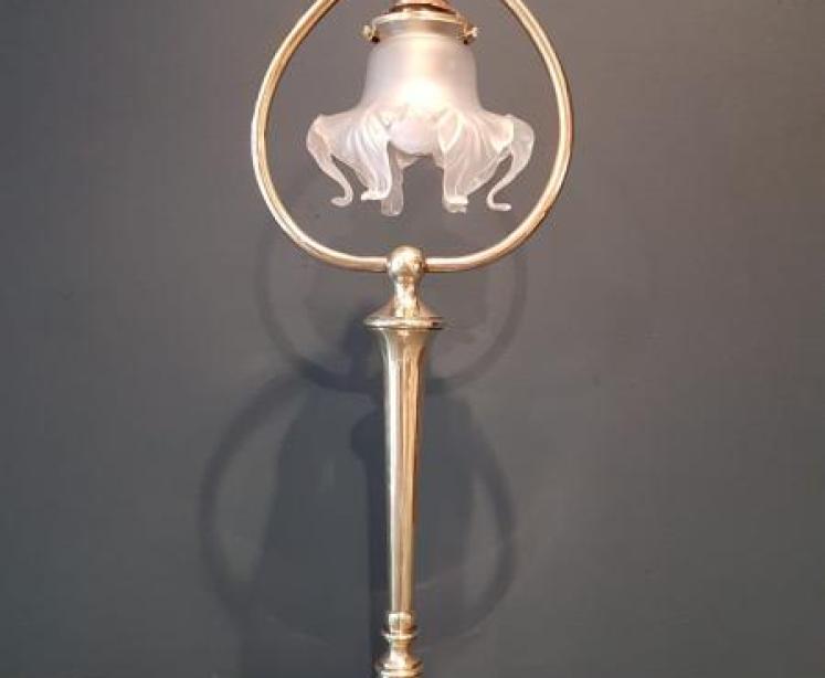 Art Nouveau Brass Table Lamp and Shade - Image 1