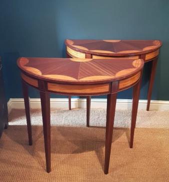 Matching Pair of Edwardian Sheraton Revival Demi Lune Tables