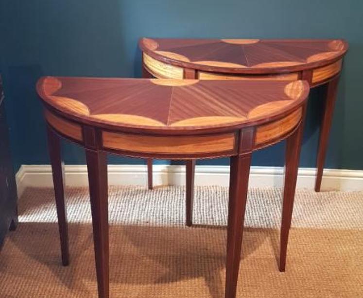 Matching Pair of Edwardian Sheraton Revival Demi Lune Tables - Image 1