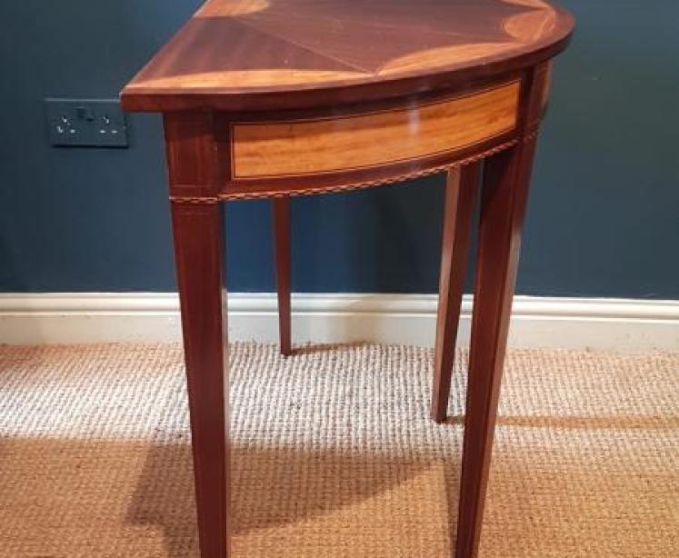 Matching Pair of Edwardian Sheraton Revival Demi Lune Tables - Image 6