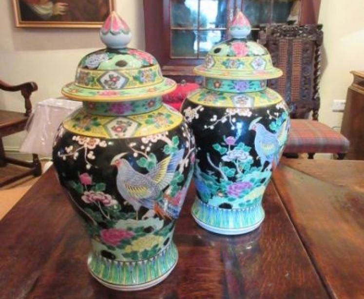 Superb Pair of Oriental Hand Painted Ginger Jars - Image 1