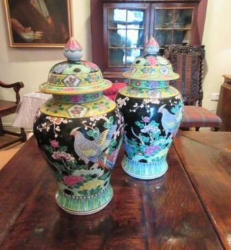 Superb Pair of Oriental Hand Painted Ginger Jars