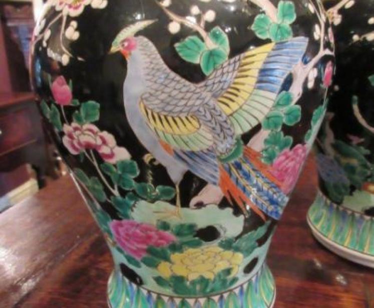 Superb Pair of Oriental Hand Painted Ginger Jars - Image 2