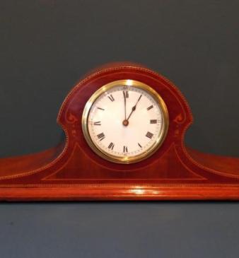 Edwardian Period Inlaid Napoleon Hat Mantel Clock