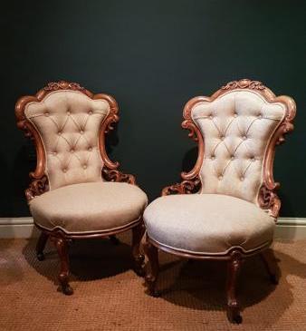Matching Pair of Victorian Walnut Occasional Chairs