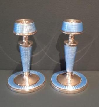 Pair of George V Silver & Pale Blue Enamel Candlesticks