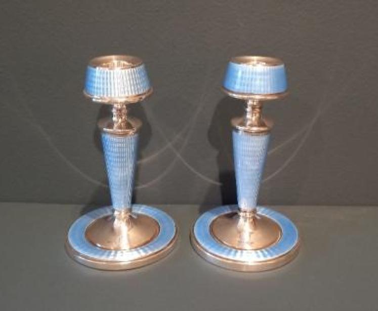 Pair of George V Silver & Pale Blue Enamel Candlesticks - Image 1