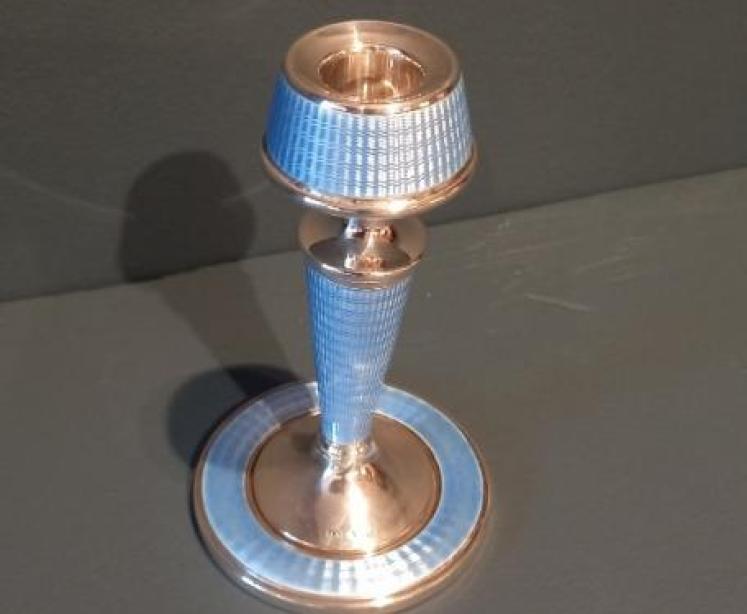 Pair of George V Silver & Pale Blue Enamel Candlesticks - Image 2