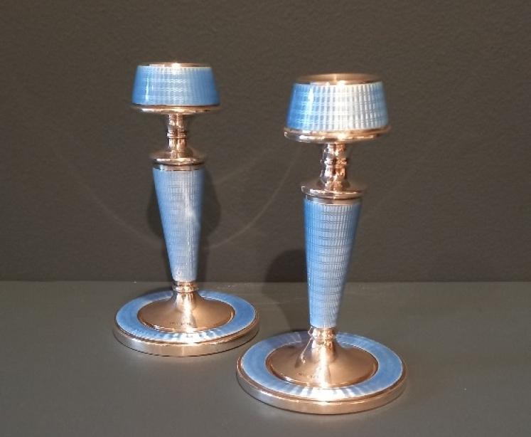 Pair of George V Silver & Pale Blue Enamel Candlesticks - Image 5