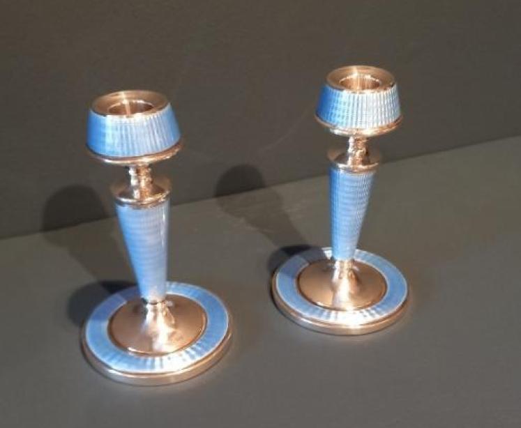 Pair of George V Silver & Pale Blue Enamel Candlesticks - Image 6