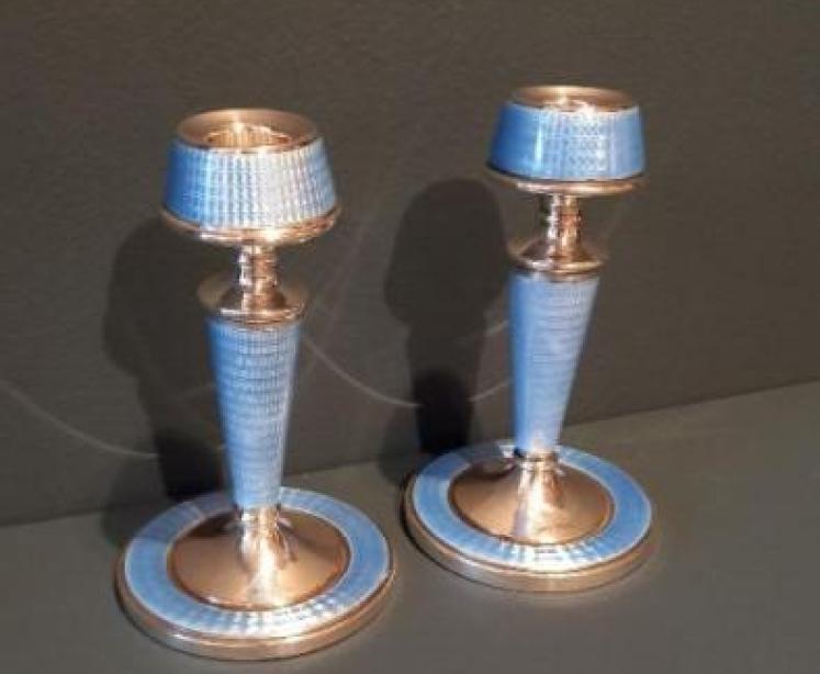 Pair of George V Silver & Pale Blue Enamel Candlesticks - Image 7