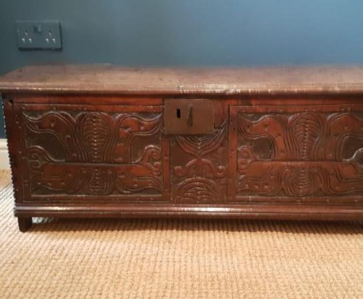 Outstanding Early Oak Six Plank Coffer  - Image 1