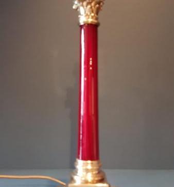 Edwardian Cast Brass & Red Glass Column Lamp 