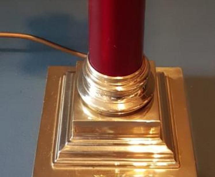 Edwardian Cast Brass & Red Glass Column Lamp  - Image 3