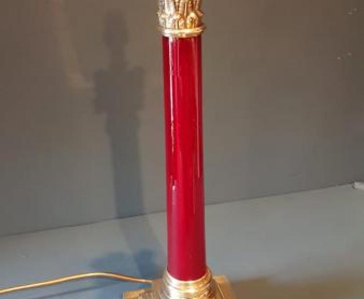 Edwardian Cast Brass & Red Glass Column Lamp  - Image 4