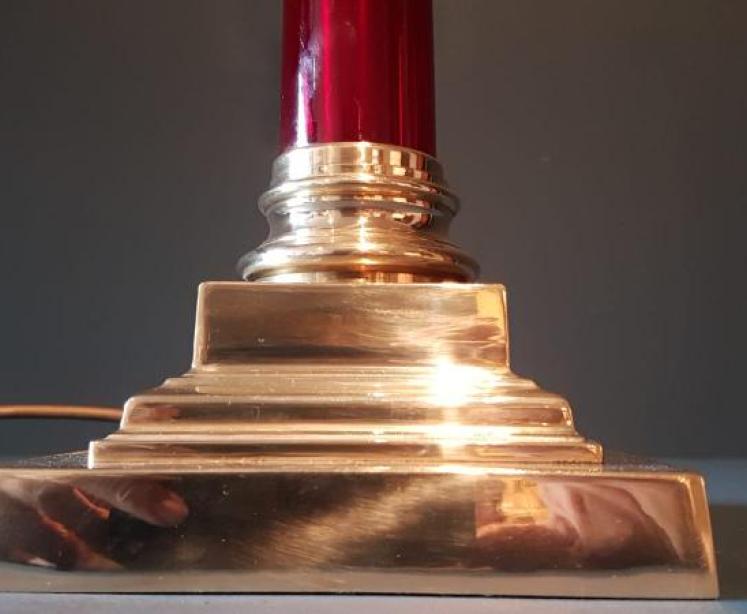 Edwardian Cast Brass & Red Glass Column Lamp  - Image 5