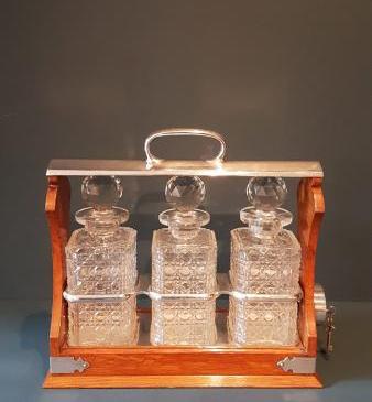 Victorian Oak and Silver Plate Three Bottle Tantalus