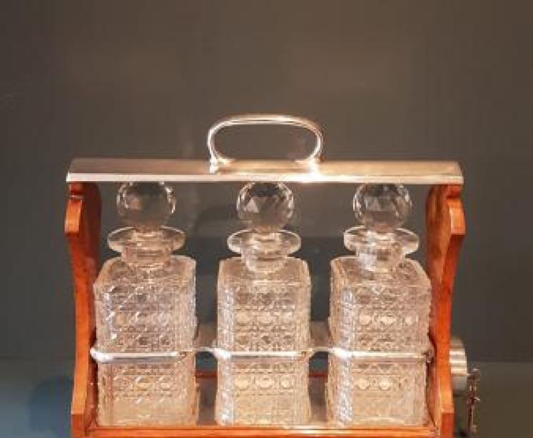 Victorian Oak and Silver Plate Three Bottle Tantalus - Image 1