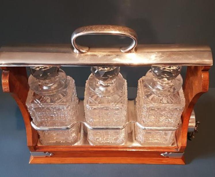 Victorian Oak and Silver Plate Three Bottle Tantalus - Image 2