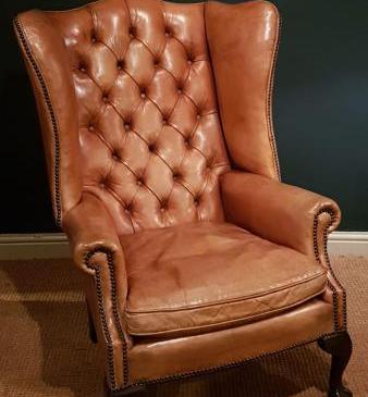Edwardian Tan Leather Wing Back Arm Chair