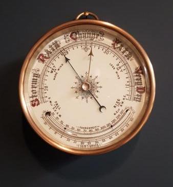 Victorian Brass Cased Marine Barometer with Crescent Thermometer