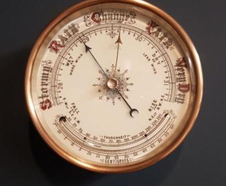 Victorian Brass Cased Marine Barometer with Crescent Thermometer - Image 1