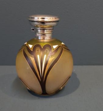 Art Nouveau Silver Iridescent Olive Green Glass Scent Bottle