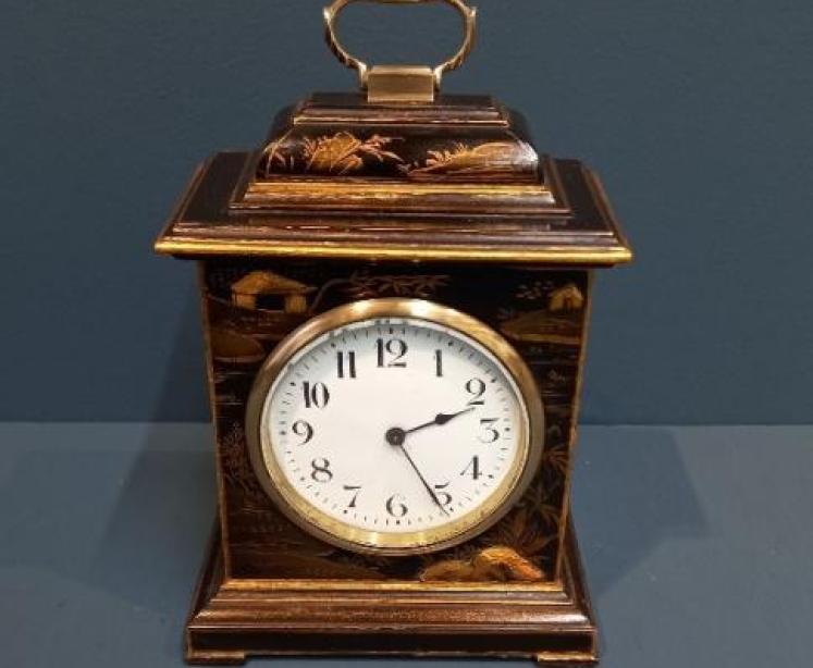 Edwardian Black Chinoiserie Mantel Clock  - Image 1