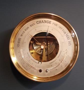 Victorian Brass Cased Marine Barometer with Twin Crescent Thermometers