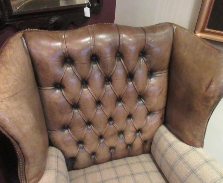 Fine Edwardian Period Olive Green Leather Wing Armchair - Image 4