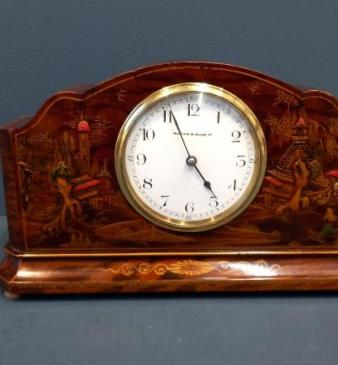 Edwardian Figured Walnut Chinoiserie Mantel Clock 
