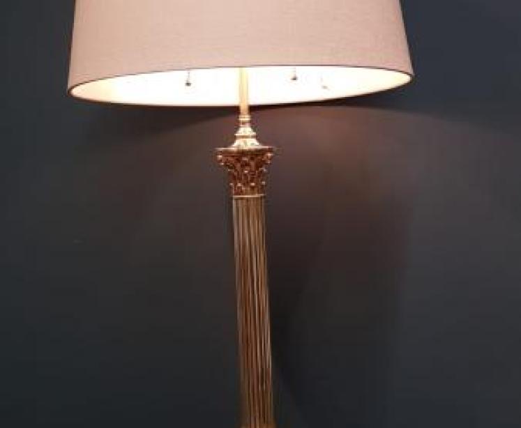Edwardian Brass Corinthian Column Lamp and Shade - Image 1