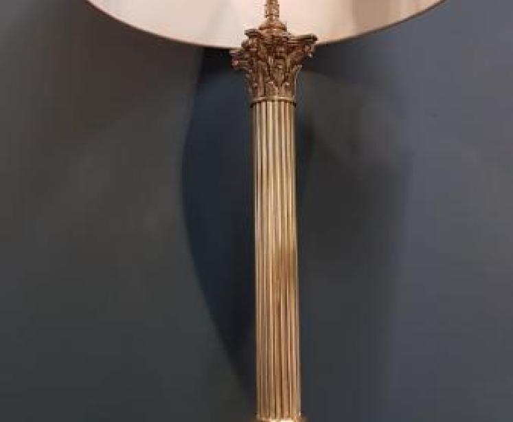 Edwardian Brass Corinthian Column Lamp and Shade - Image 7