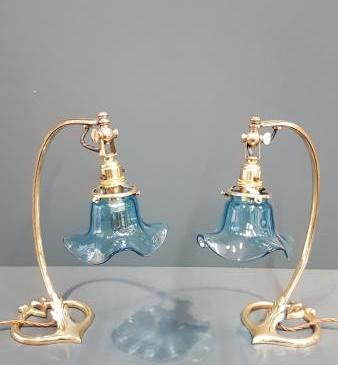 Matching Pair of Art Nouveau Brass Table Lamps and Shades