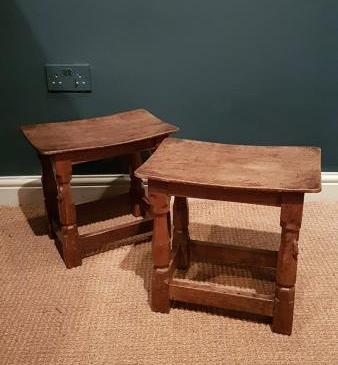 Matching Pair of Early Thompson's of Kilburn Mouseman Dished Top Stools