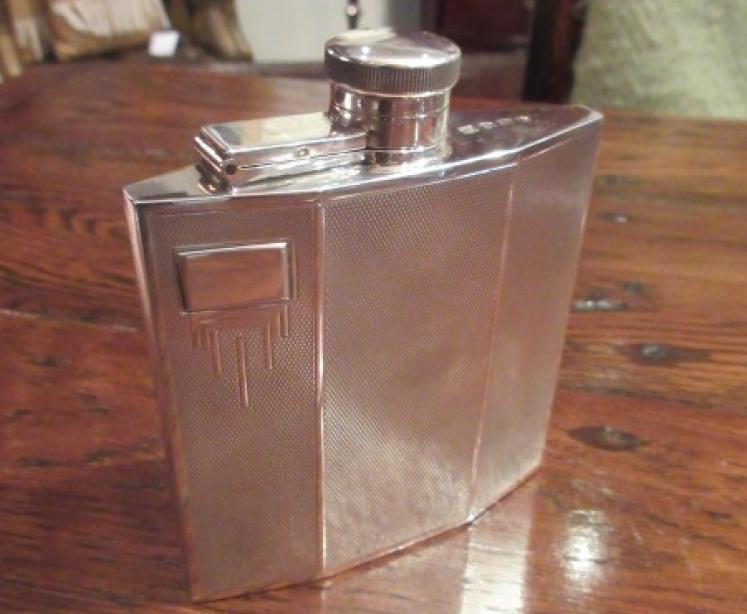 Art Deco Period Silver Engine Turned Hip Flask - Image 1
