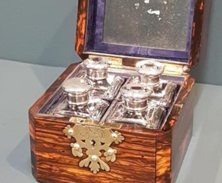 Victorian Coromandel Scent Box with Silver Top Bottles - Image 1