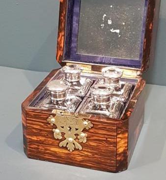 Victorian Coromandel Scent Box with Silver Top Bottles