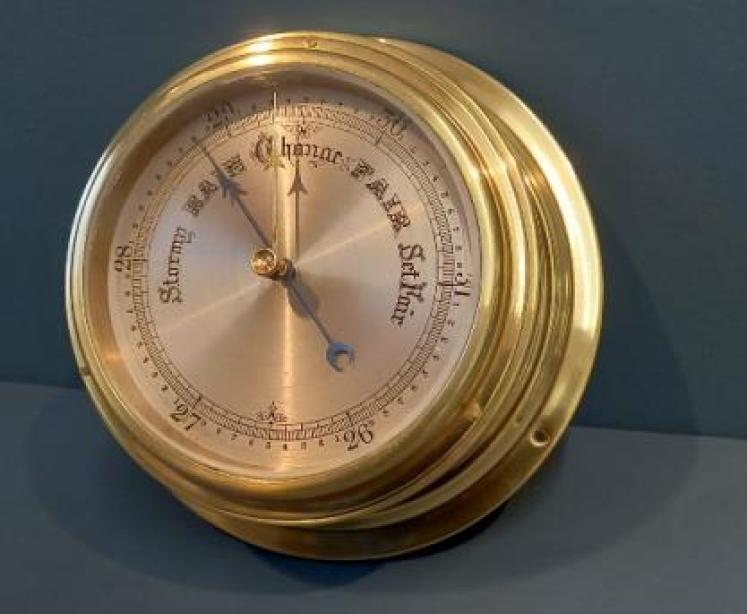 Edwardian Polished Brass Bulkhead Marine Barometer - Image 7