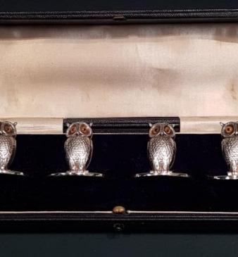 Set of Four Sampson Mordan Silver Owl Menu Holders