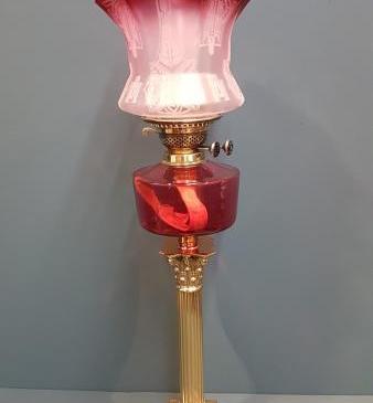 Victorian Corinthian Column Cranberry Oil Lamp
