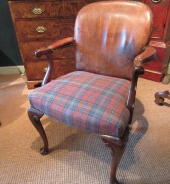 19th Century Leather & Walnut Open Armchair