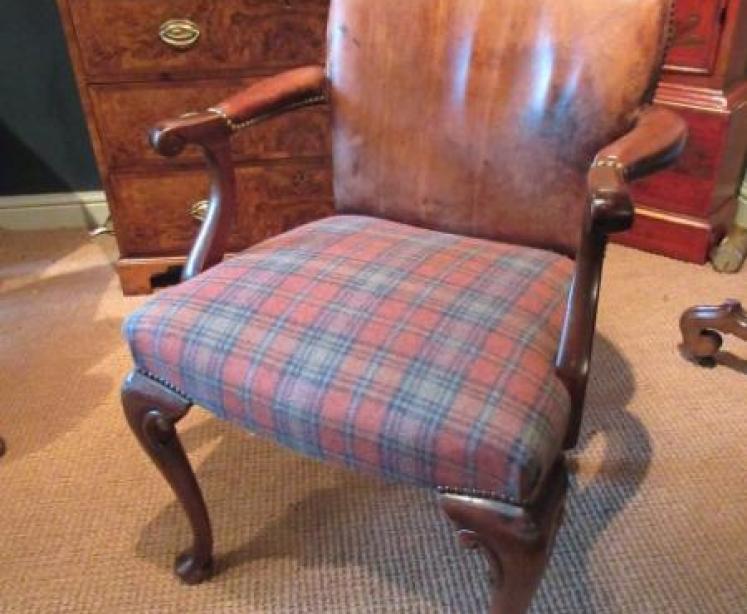 19th Century Leather & Walnut Open Armchair - Image 1