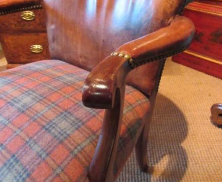 19th Century Leather & Walnut Open Armchair - Image 2