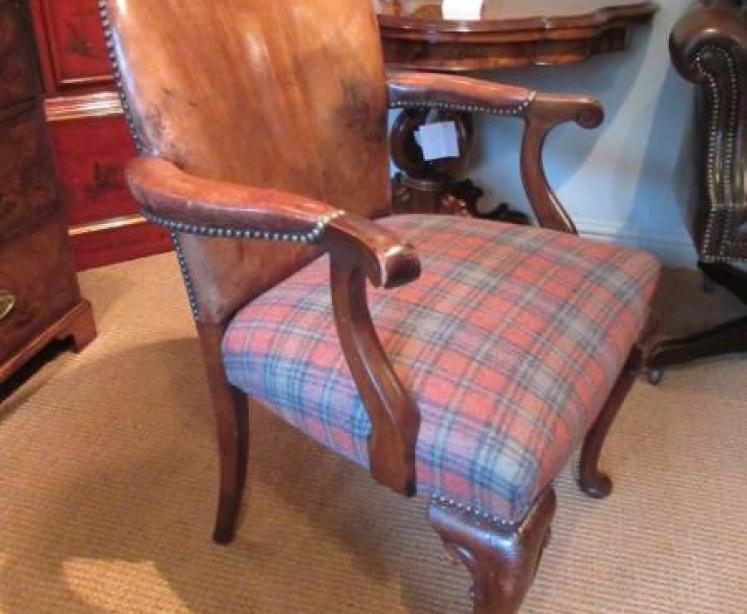 19th Century Leather & Walnut Open Armchair - Image 5