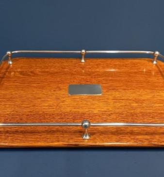 Late Victorian Polished Oak & Silver Plated Tray