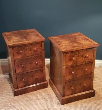 Matching Pair of Victorian Burr Walnut Bedside Chests