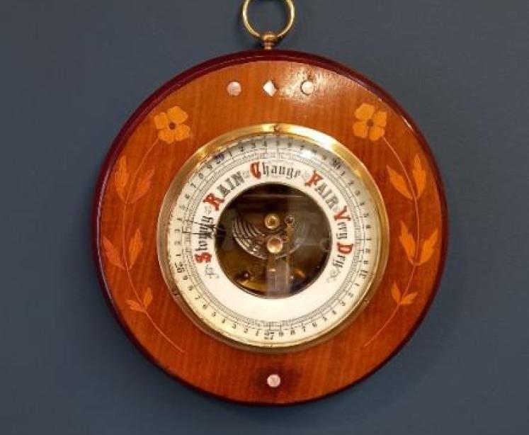 Edwardian Fruitwood Inlaid Aneroid Barometer - Image 1