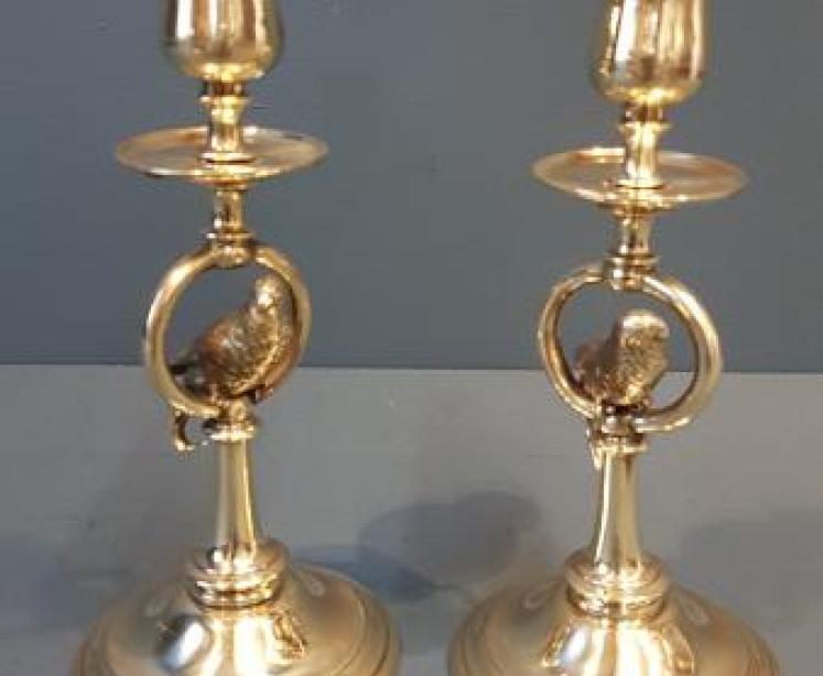 Pair of Brass Candlesticks With Budgerigar  - Image 1