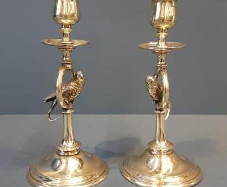 Pair of Brass Candlesticks With Budgerigar  - Image 3